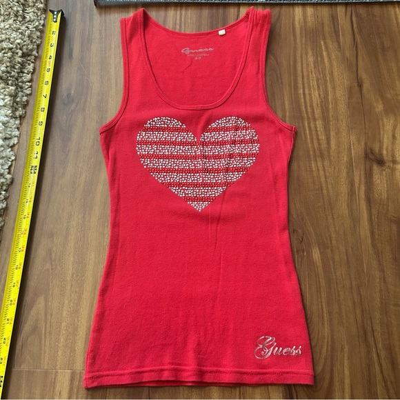 Guess Red shimmer Ribbed Racerback rhinestone Heart Love Tank Top - Picture 1 of 7